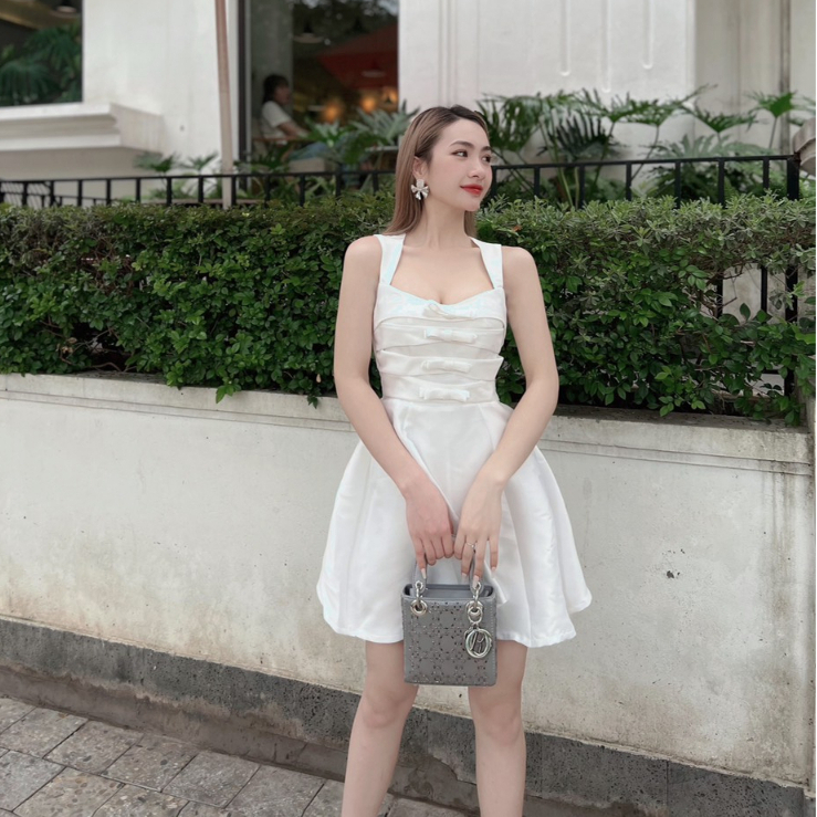 Váy 2 Dây Cúp Ngực Đính Nơ Điệu Đà Sang Chảnh Dan Dan Fashion, Đầm Dự Tiệc Chiết Eo Dáng Ngắn Bồng Xòe Vải Tafta Mềm Min