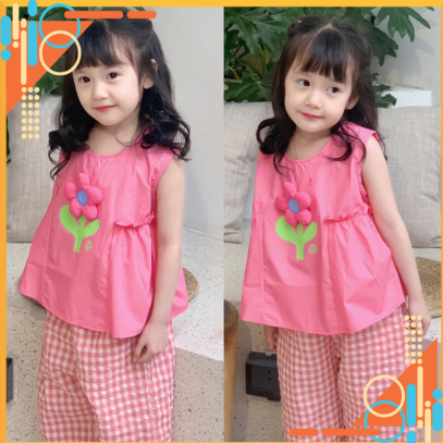 Hàng thiết kế - Set bé gái hoa nổi 3D vải thô hàn mát 2 màu kẹo ngọt đủ size đến 30kg