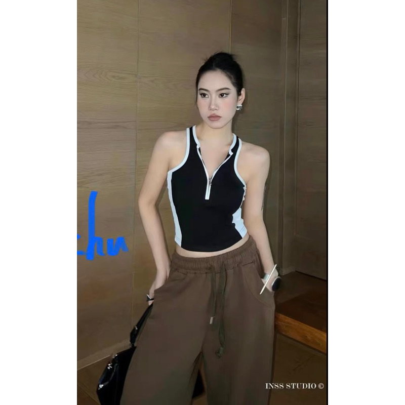 Áo Thun 3 Lỗ Croptop Viền Khoá Kéo