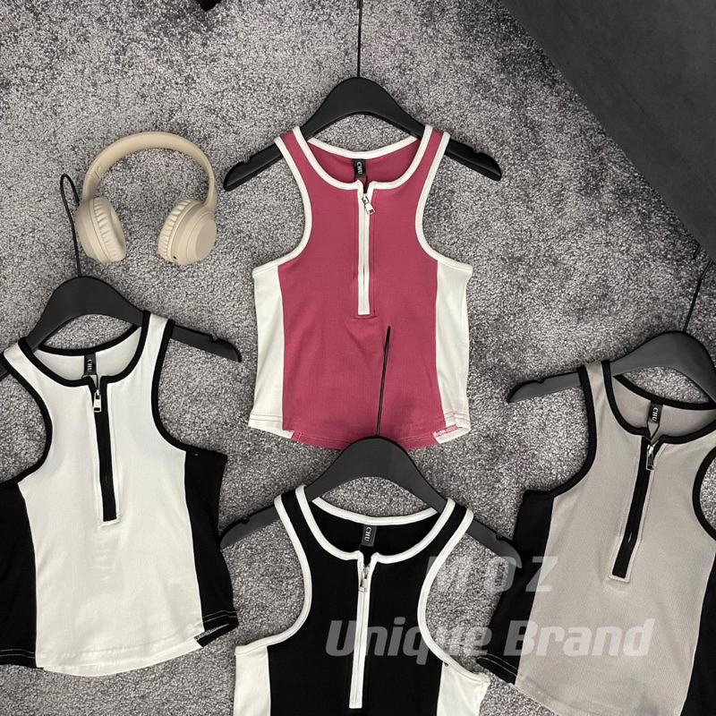 Áo Thun 3 Lỗ Croptop Viền Khoá Kéo