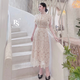 Váy ren phối lưới cúc ngọc dáng dài, hoạ tiết bông bil, hàng thiết kế cao cấp