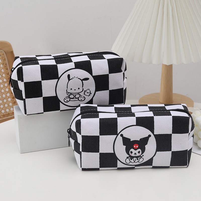 Túi Bút Sarino Caro Đen Trắng Vải Canvas Kích Thước Lớn