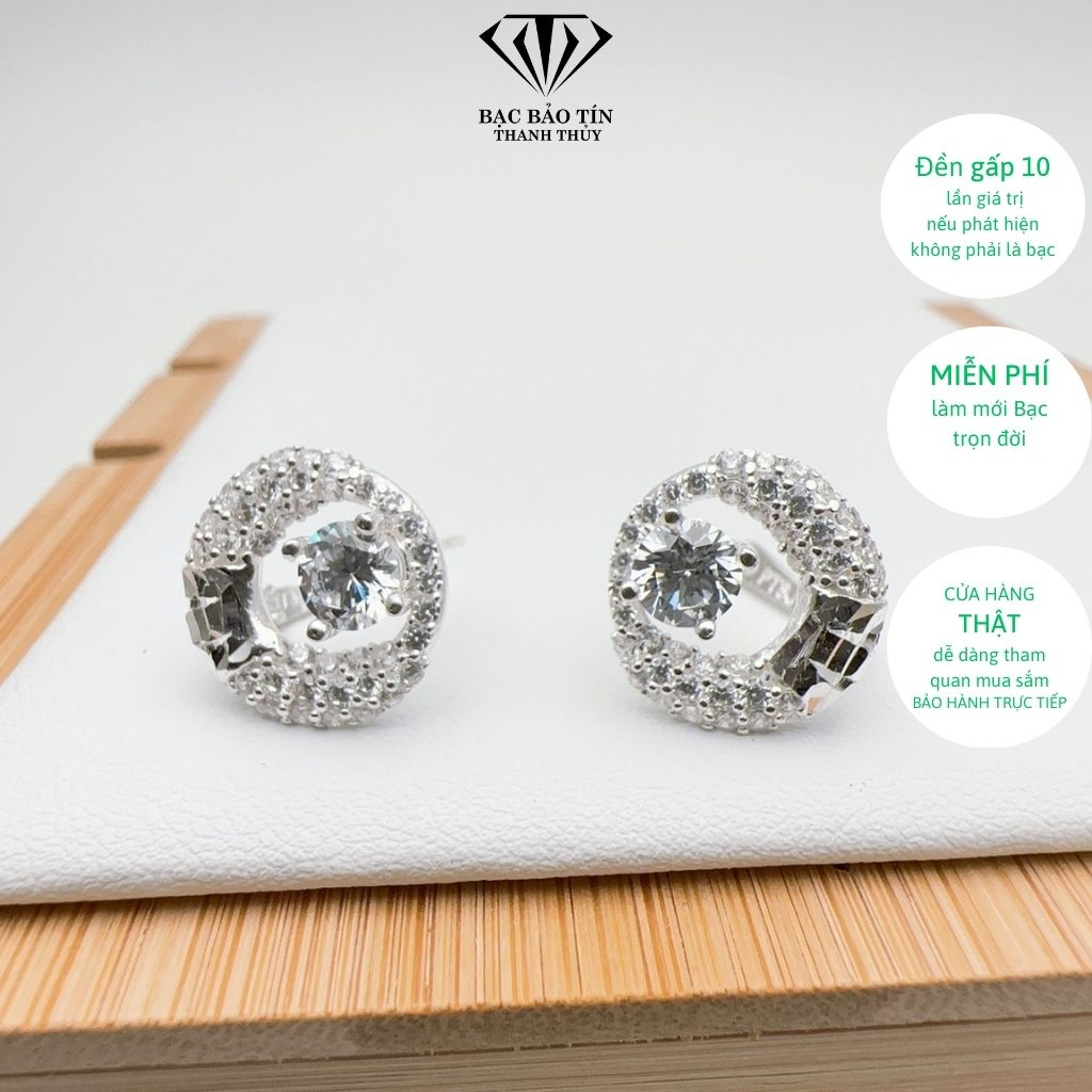 Bông tai bạc nữ cao cấp, tròn gắn đá cubic zirconia sáng lấp lánh, bông tai bạc 950 (chất liệu 95% bạc)