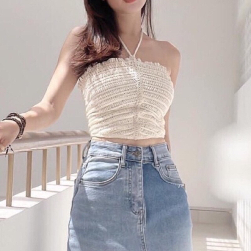 Áo yếm ren croptop màu be cột dây cổ sexy cá tính freesize 55kg đồ về, ( Kèm ảnh thật trải sàn ạ) | BigBuy360 - bigbuy360.vn