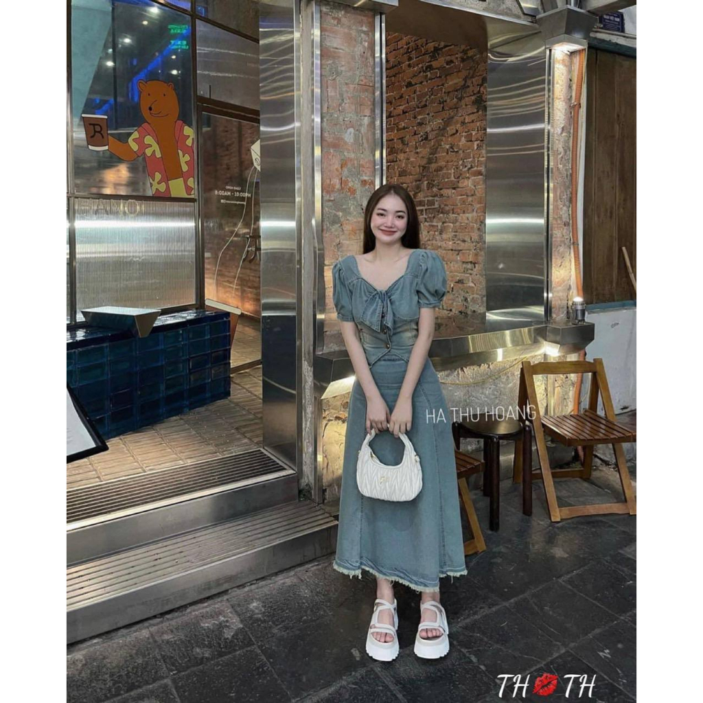 Set bò nữ áo cổ nơ + chân váy dài hàng quảng châu siêu đẹp - Set jean nữ