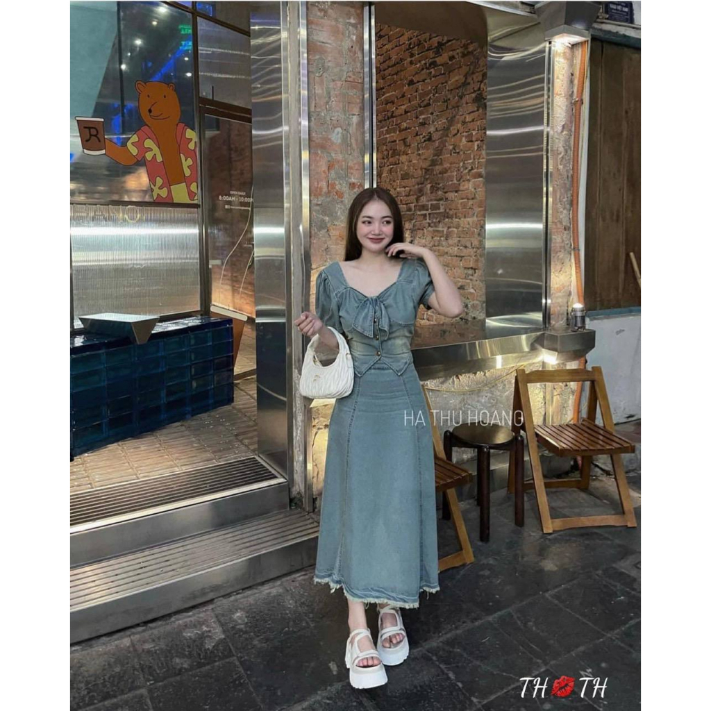 Set bò nữ áo cổ nơ + chân váy dài hàng quảng châu siêu đẹp - Set jean nữ
