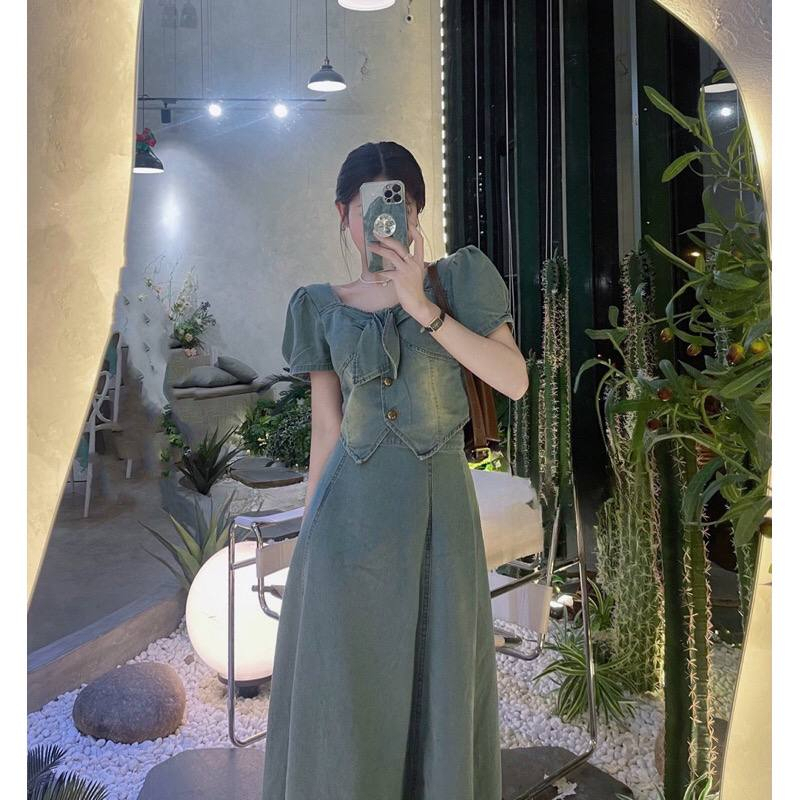 Set bò nữ áo cổ nơ + chân váy dài hàng quảng châu siêu đẹp - Set jean nữ