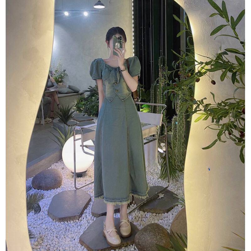 Set bò nữ áo cổ nơ + chân váy dài hàng quảng châu siêu đẹp - Set jean nữ