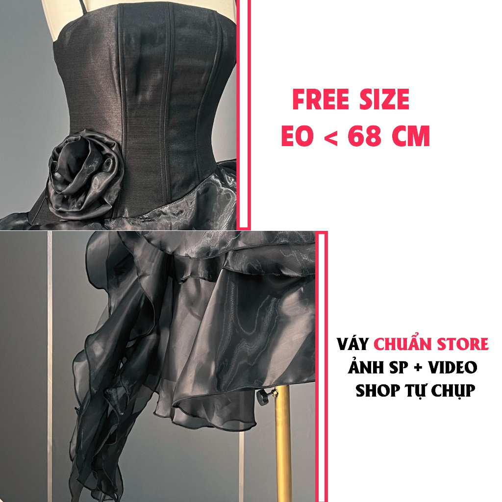 Đầm xoè 2 dây cúp ngực đính hoa kết bèo lai tơ Vol cho nàng đi tiệc dạo phố