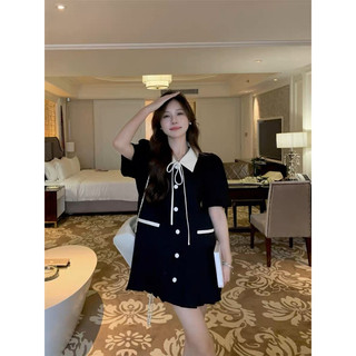 Đầm đen ngắn dáng suông phối xếp li cổ sơ mi taobao