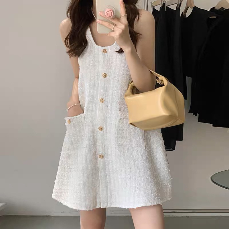 (Sẵn, có ảnh thật) Đầm Hai Dây Chất Dạ Tweed Dáng Chữ A Taobao