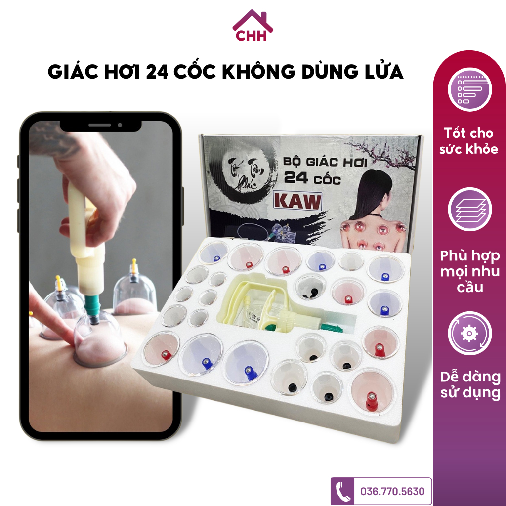 Bộ Giác Hơi KAW 24 ống Không Dùng Lửa trị liệu tại nhà lưu thông máu huyết