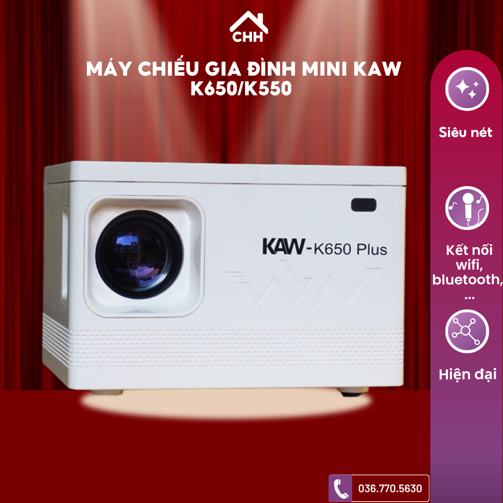 Máy chiếu mini KAW-K650 Kết nối điện thoại, máy tính, HĐH Androi, Bảo hành chính hãng