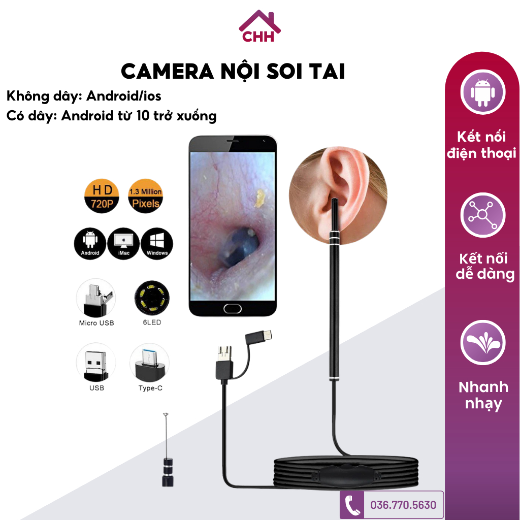 Camera Nội Soi Wifi Thông Minh KAW Chống Nước, Có Đèn Led 6 Bóng Điều Chỉnh Độ Sáng