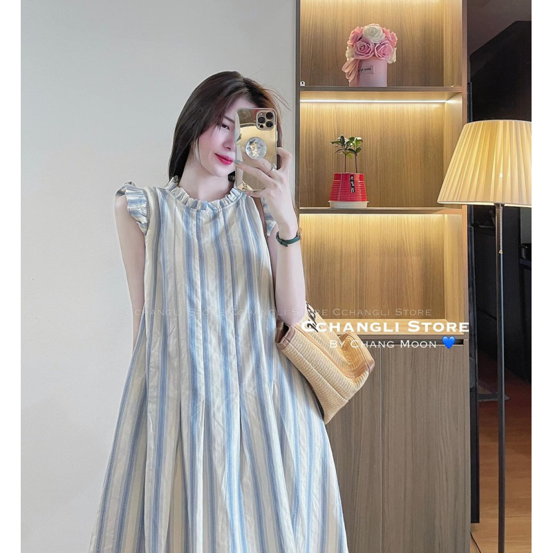 VÁY SUÔNG KẺ SỌC XANH TAY BÈO