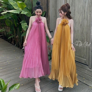 Đầm váy nữ cổ yếm hoa 3D to dáng dài ly xòe thời trang thiết kế đi chơi đi biển bồng bềnh nữ tính mềm mại gợi cảm LEVAN