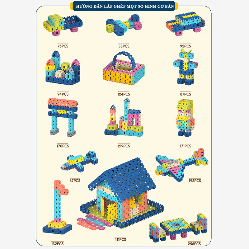 Đồ Chơi Xếp Hình Khối Nhiều Màu, Nhiều Số Cho Bé Sáng Tạo, Lắp Ráp Ngôi Nhà, Bàn Ghế, Phát Triển Tư Duy Đồ Chơi Trẻ Em