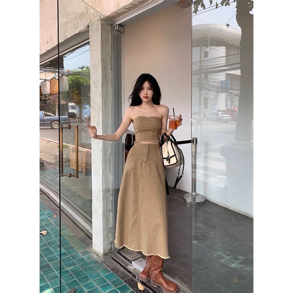 SET ÁO ỐNG NÂU KAKI CHÂN VÁY MIDI Set 2 món xinh lắm nha chị em