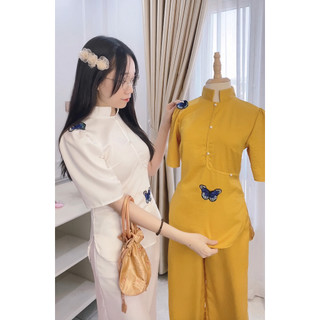Set đồ lam vải lụa cát nhung đính bướm siêu đẹp mã d16