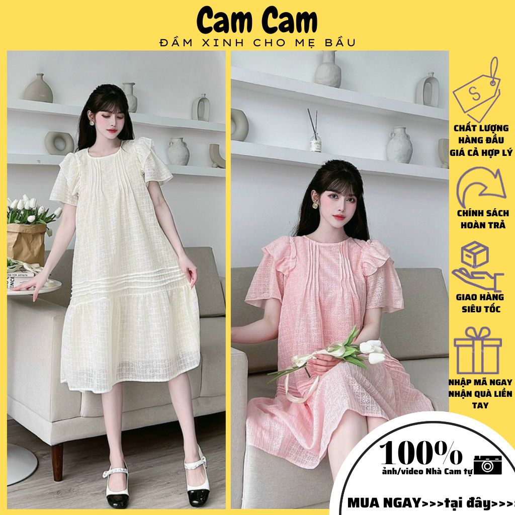 Váy bầu xinh Đầm bầu tiểu thư tay phồng ren xếp ly ngực thiết kế xinh