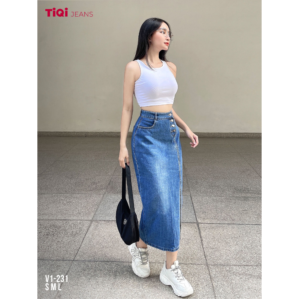 [Mã FADEP2212 giảm 10k đơn từ 99k] Chân Váy Jean Dáng Dài Xẻ Tà Co Giãn TiQi Jeans V1-231