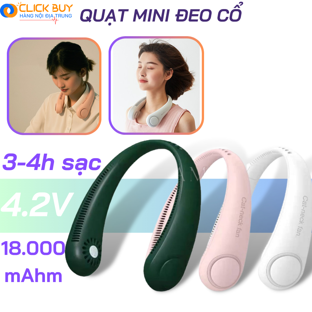 Quạt Mini Đeo Cổ Không Cánh Dung Lượng Pin Lớn 1800mAhm Ba Cấp Độ Gió Chạy Êm Và Mát