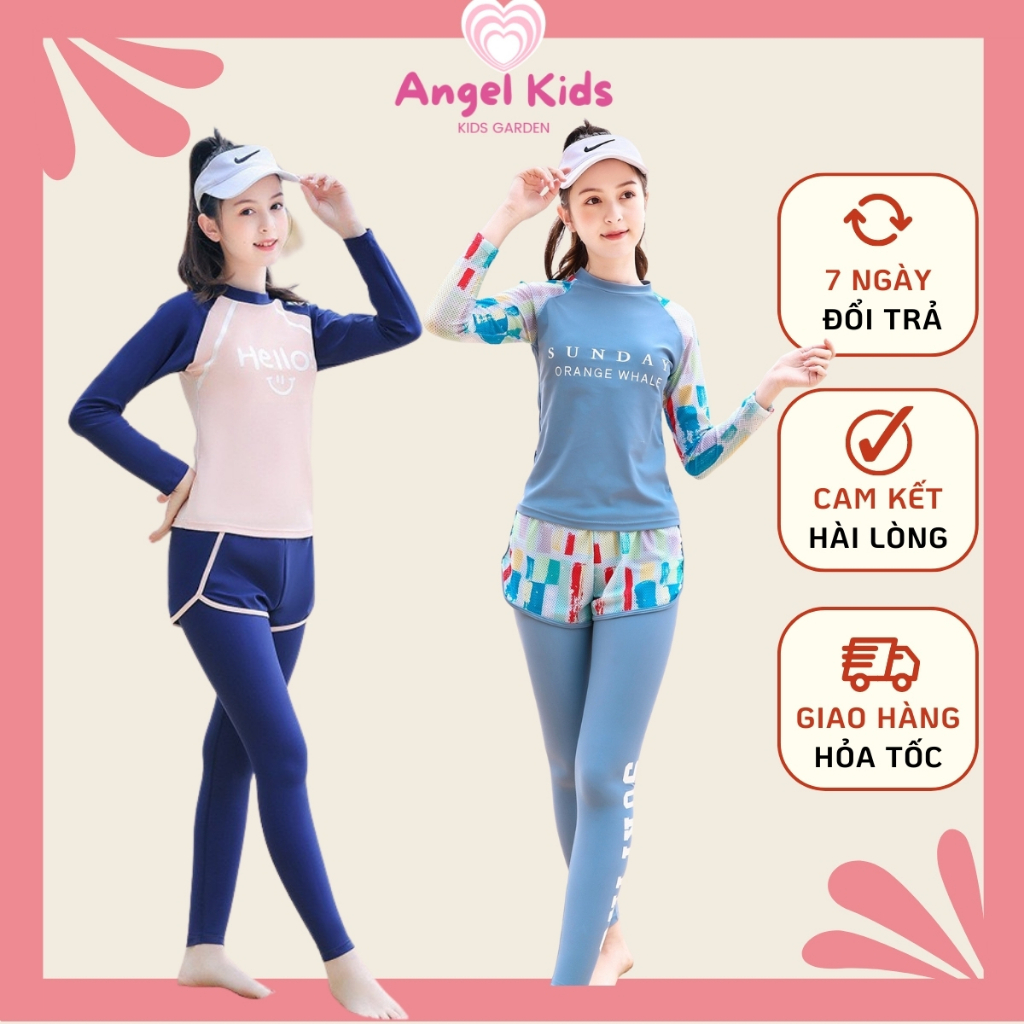 Đồ bơi cho bé gái tay dài quần dài kín đáo chống nắng size đại tới 60kg,set bơi 3 món mẫu mới 2023