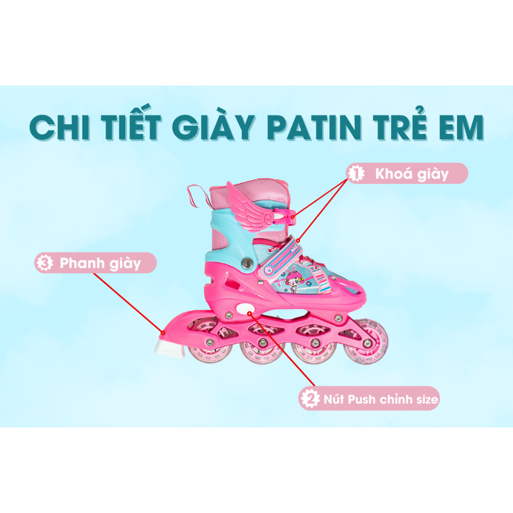 Giày Patin Trẻ Em  Measin - Có Đèn Bánh, Form Chắc Chắn, Phanh Chân An Toàn