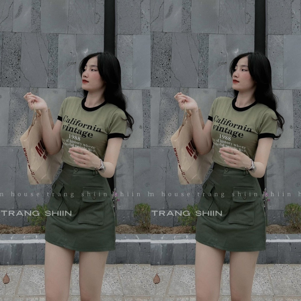 Sét bộ đồ nữ áo cotton cổ tròn xinh xắn họa tiết in chữ cá tính mix chân váy tuyết mưa ( có lót ) trẻ trung năng động