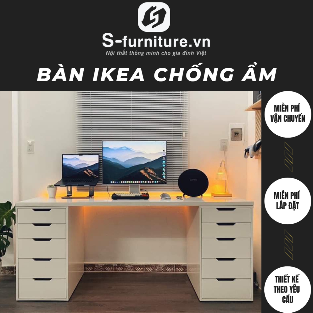 Bàn ikea 2 hộc tủ chất liệu gỗ MDF CỐT XANH chống ẩm, bàn máy tính chơi game kích thước 2m, 1m8, 1m6 FREESHIP HN