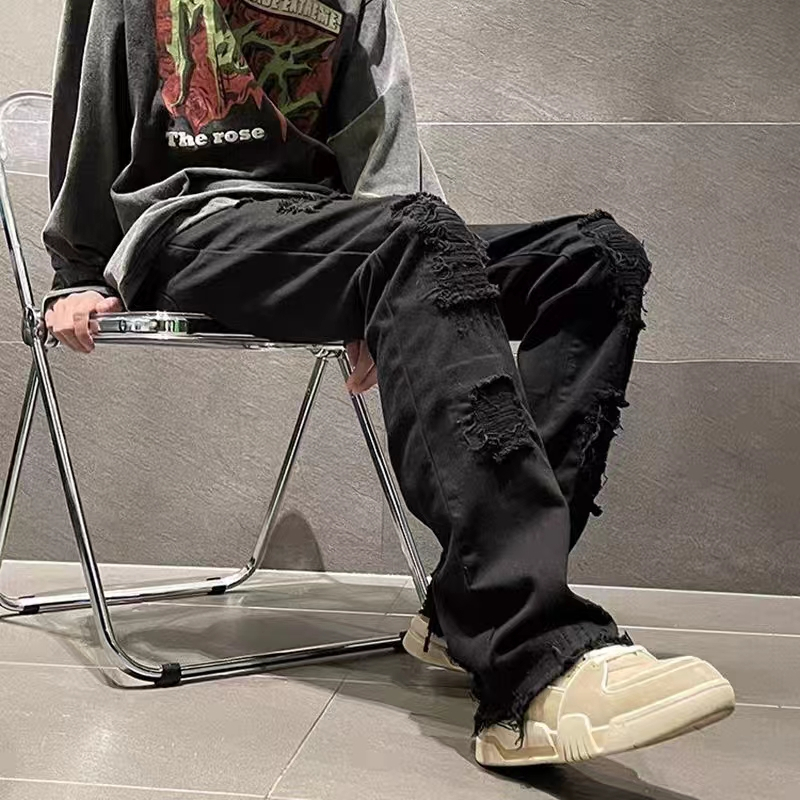 🔥BELLKEN🔥quần jean nam CẠP CAO ống suông rộng Dáng Rách Gối, Quần bò ống rộng rách gối đen style hàn quốc 2023