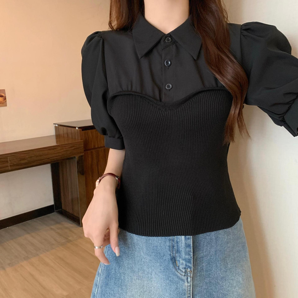 Áo sơ mi nữ Polo dệt kim cách điệu mùa hè