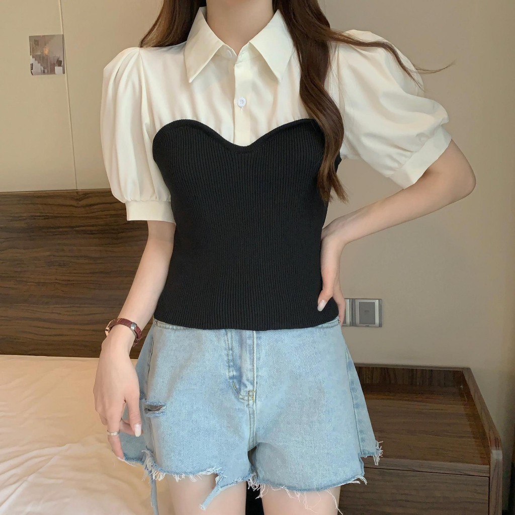 Áo sơ mi nữ Polo dệt kim cách điệu mùa hè