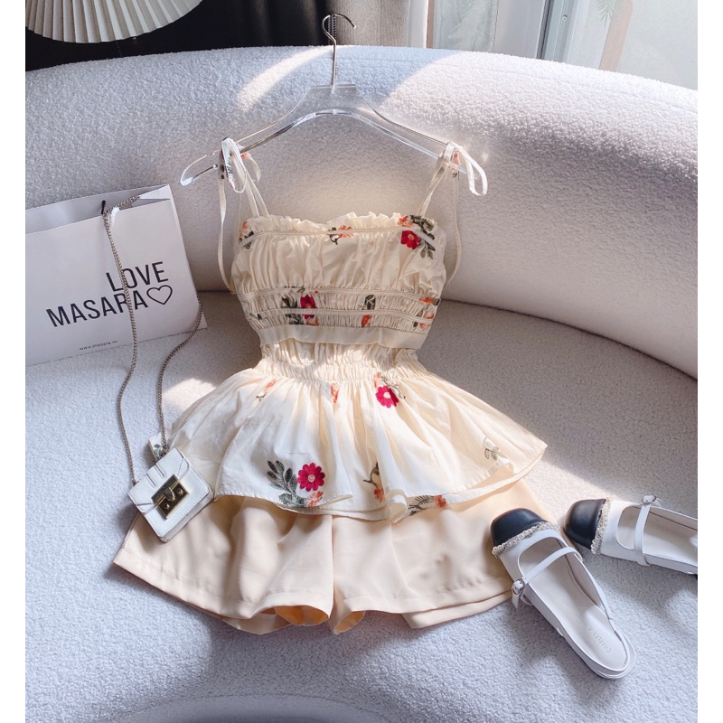 SÉT ÁO 2S NUDE THÊU HOA CỘT VAI SHORT NUDE