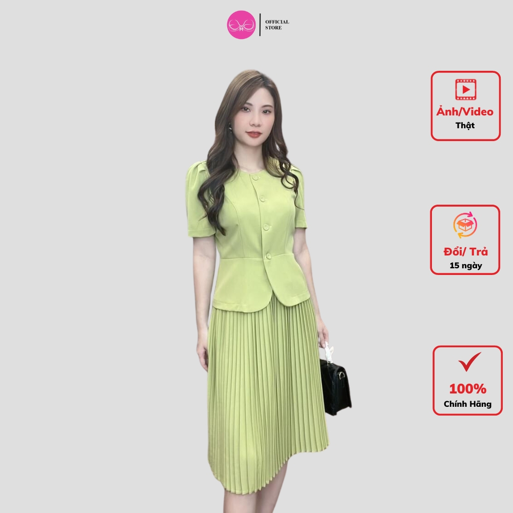 Set vest chân váy xếp ly ký giả dập ly trơn cổ tròn Eva Lover
