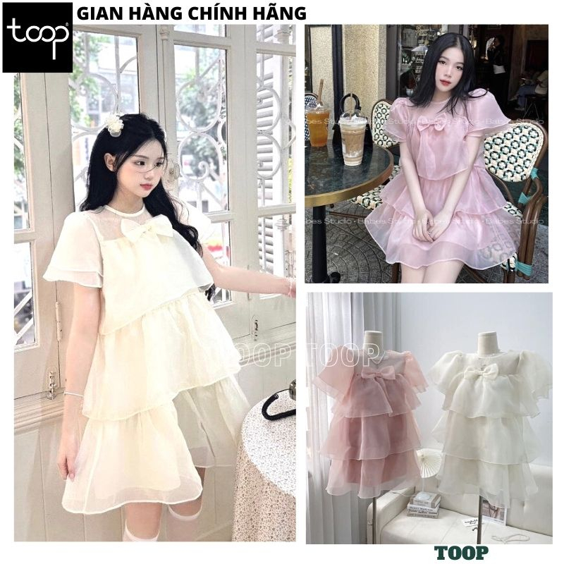 Váy babydoll xòe tầng chất tơ óng đính nơ cổ điệu đà, Đầm voan tiểu thư xếp ly bồng bềnh tay hến 2 màu cực xinh - TOOP