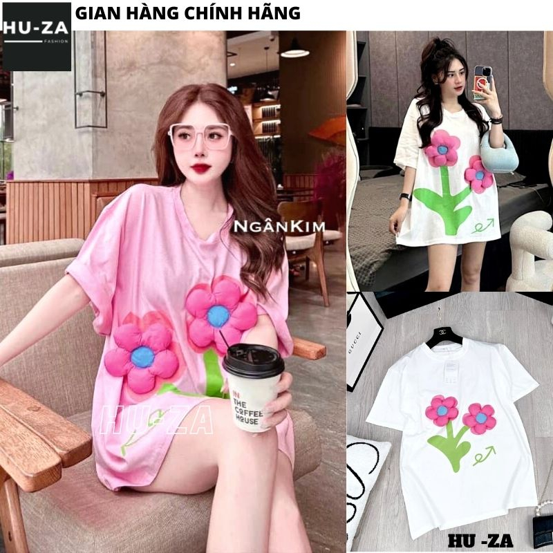 Áo phông dáng rộng 2 bông hoa nổi - Áo thun nữ tay lỡ in hình cute xinh xắn thời trang hàn quốc - HUZA A61