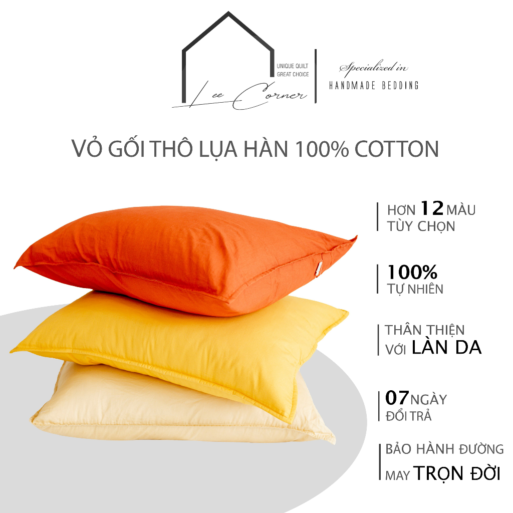 Vỏ Gối Nằm Cotton Thô lụa Hàn cao cấp LEE CORNER màu trơn, mềm mịn đủ size 50x70 35x50 25x35 cm