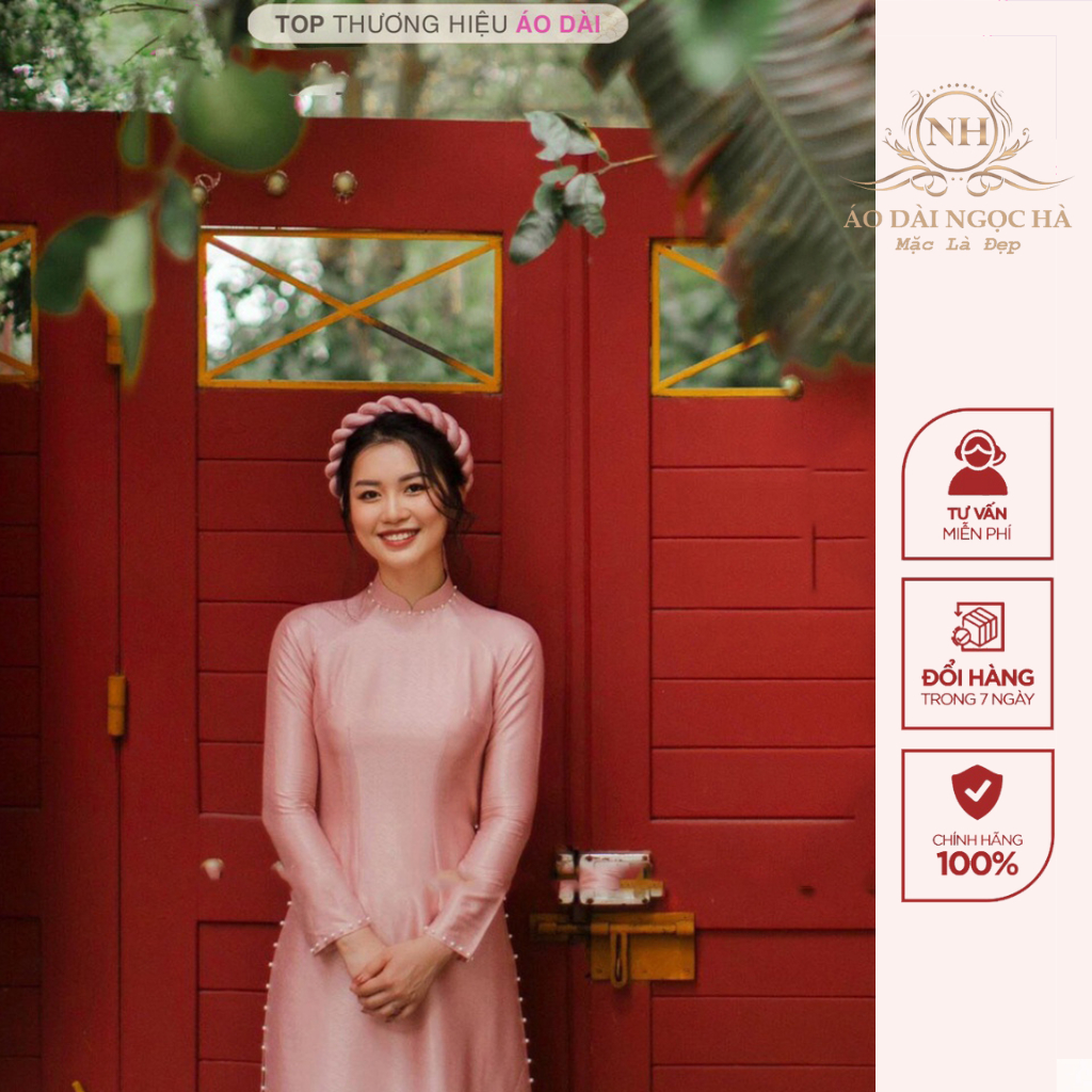 Áo dài truyền thống đính viền ngọc áo, áo dài nữ 2 tà chất lụa vân gỗ dự tiệc lễ tết đẹp sang trọng.