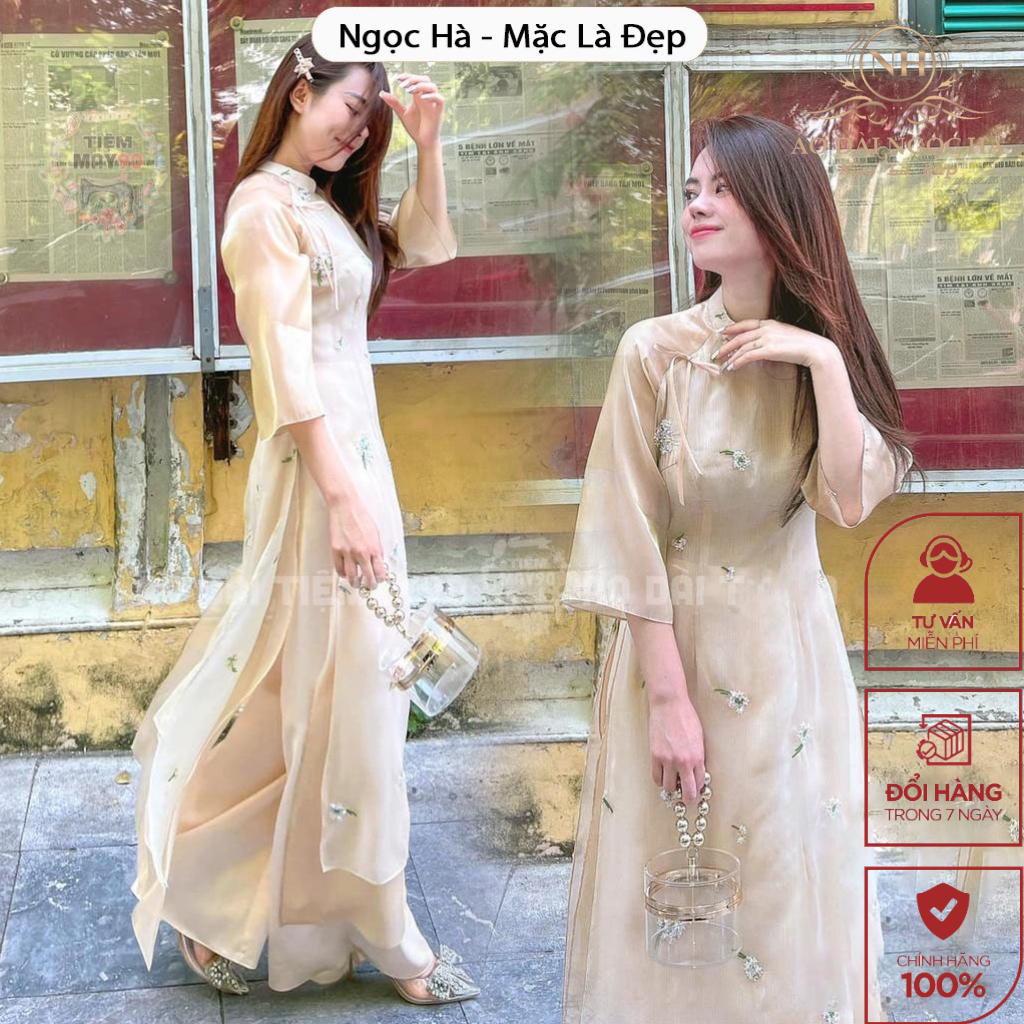 Áo Dài Cách Tân Nữ 4 Tà Thêu Hoa Cúc Chi - Lụa Tơ Họa Tiết Nổi - Dự Tiệc, cưới hỏi, Lễ Tết