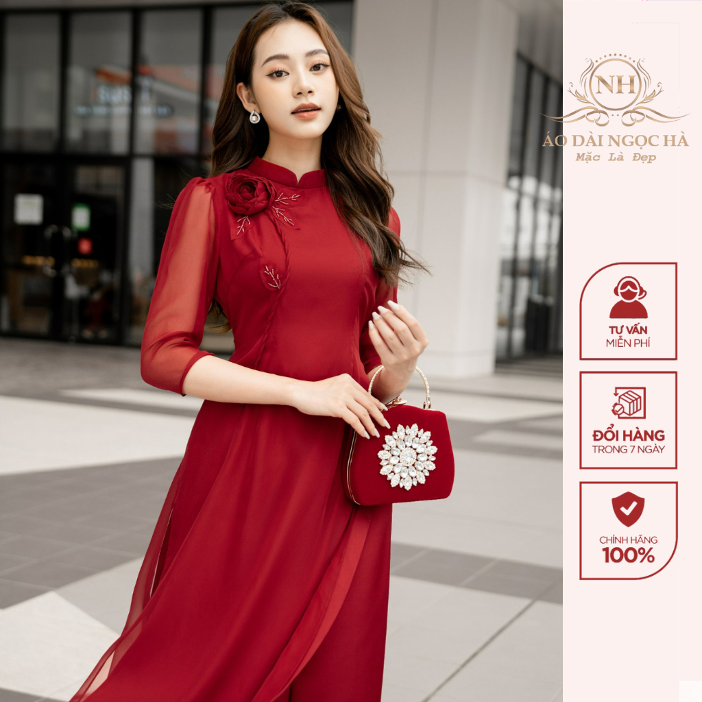 Áo dài cách tân 4 tà, lụa tơ óng, phối hoa thêu trước ngực, dáng truyền thống phù hợp dự tiệc, đám hỏi