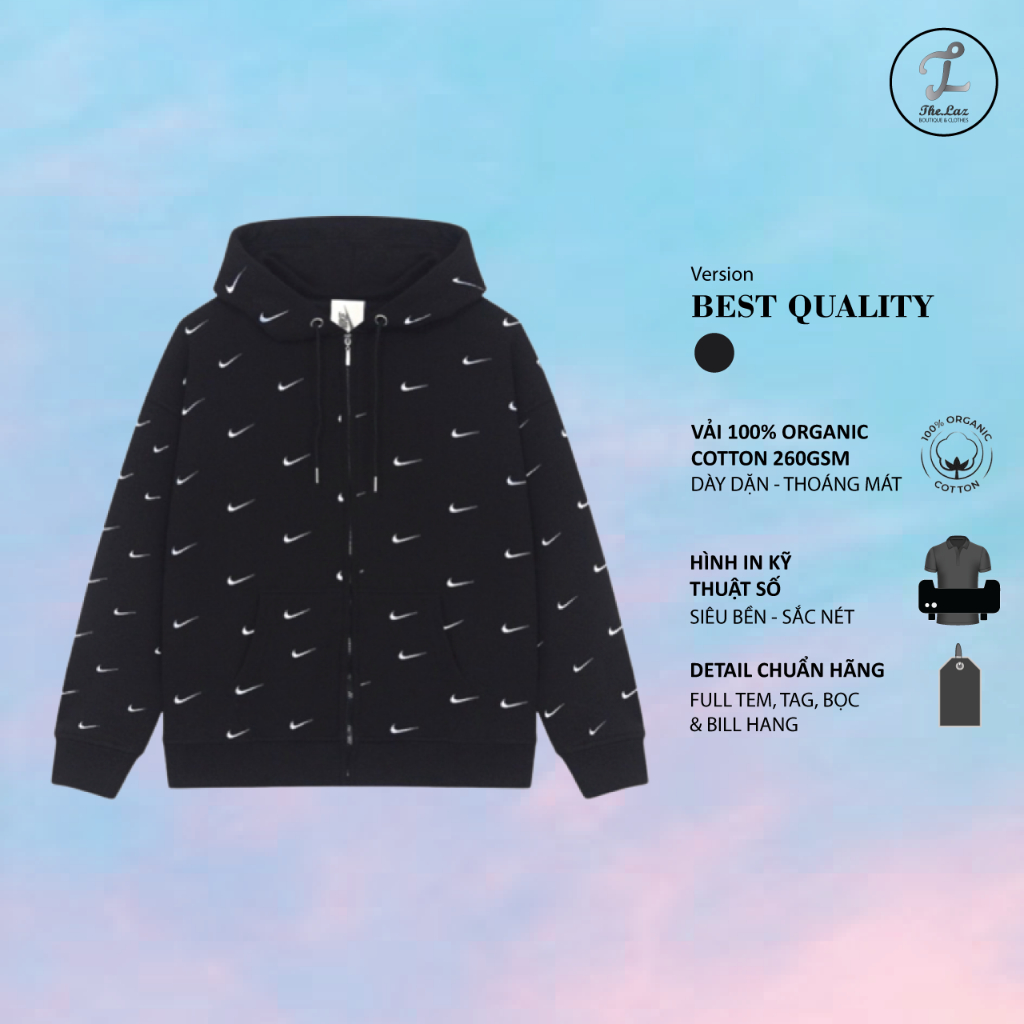 Áo hoodie khóa kéo Swoosh Logo Thêu Nổi Cao cấp Vải Nỉ Bông