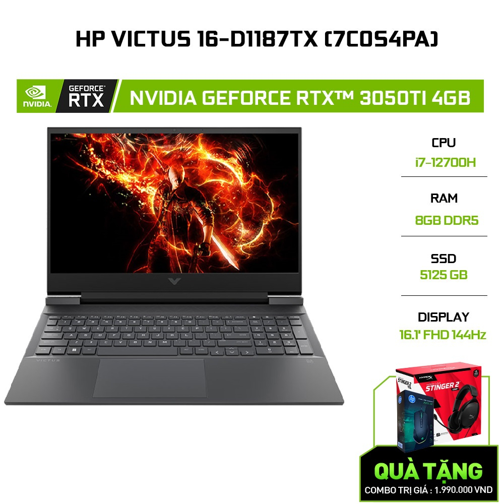 Laptop HP VICTUS 16-d1187TX 7C0S4PA i7-12700H | 8GB | 512GB | GeForce RTX™ 3050Ti 4GB