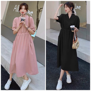 Đầm váy freesize cổ trụ rút eo 2 màu