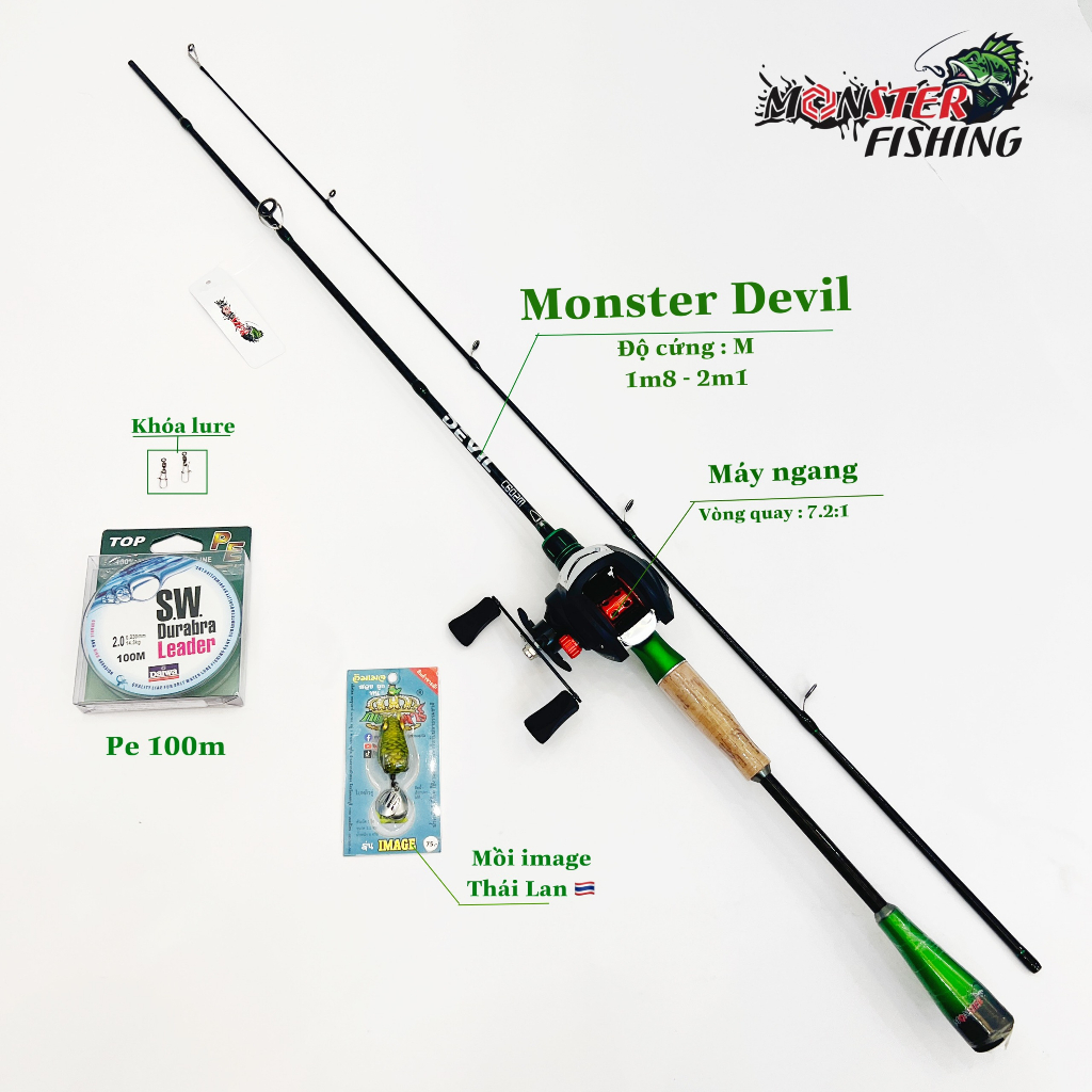 Bộ Cần Câu Lure Máy Ngang Monster DEVIL, tùy chọn size tặng kèm full phụ kiện