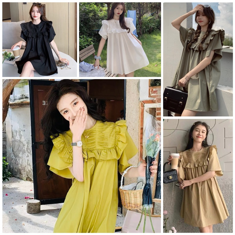 Đầm váy freesize babydoll suông cổ xếp 5 màu