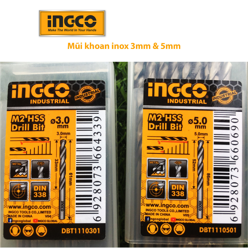 Bộ mũi khoan Inox Ø 3mm, Ø 5mm Ingco M2 HSS DBT1110301 và DBT1110501