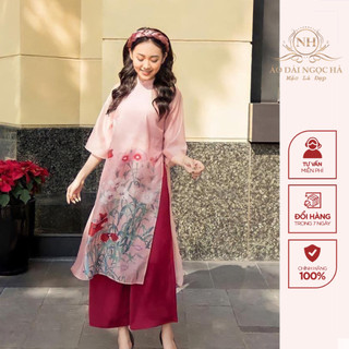 Áo dài cách tân dáng suông in hoa vải lụa tơ cao cấp