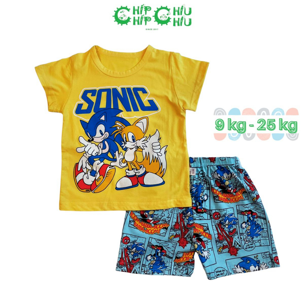 Bộ cộc tay bé trai chất cotton hình Nhím Sonic áo vàng quần xanh - Chíp Chíp Chiu Chiu