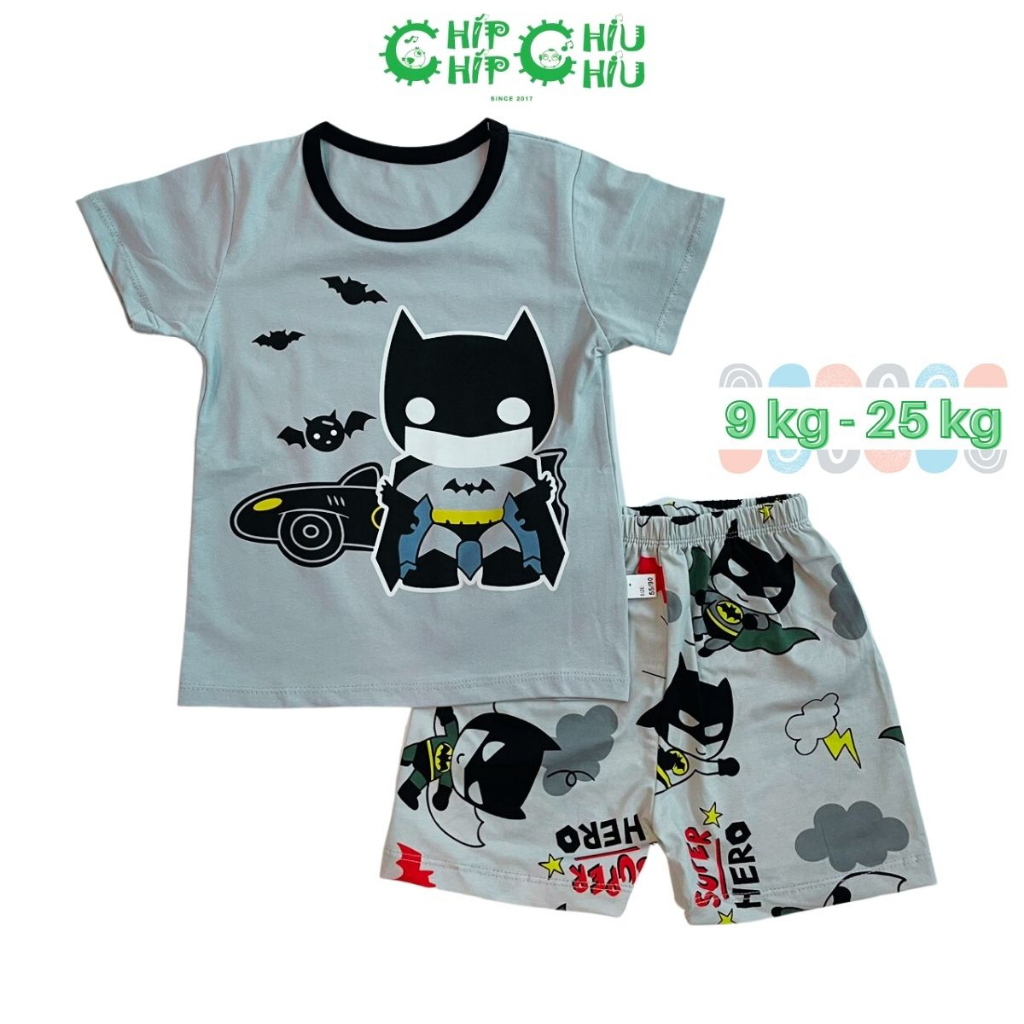 Quần áo bé trai chất cotton hình siêu nhân - Batman áo ghi quần ghi - Chíp Chíp Chiu Chiu